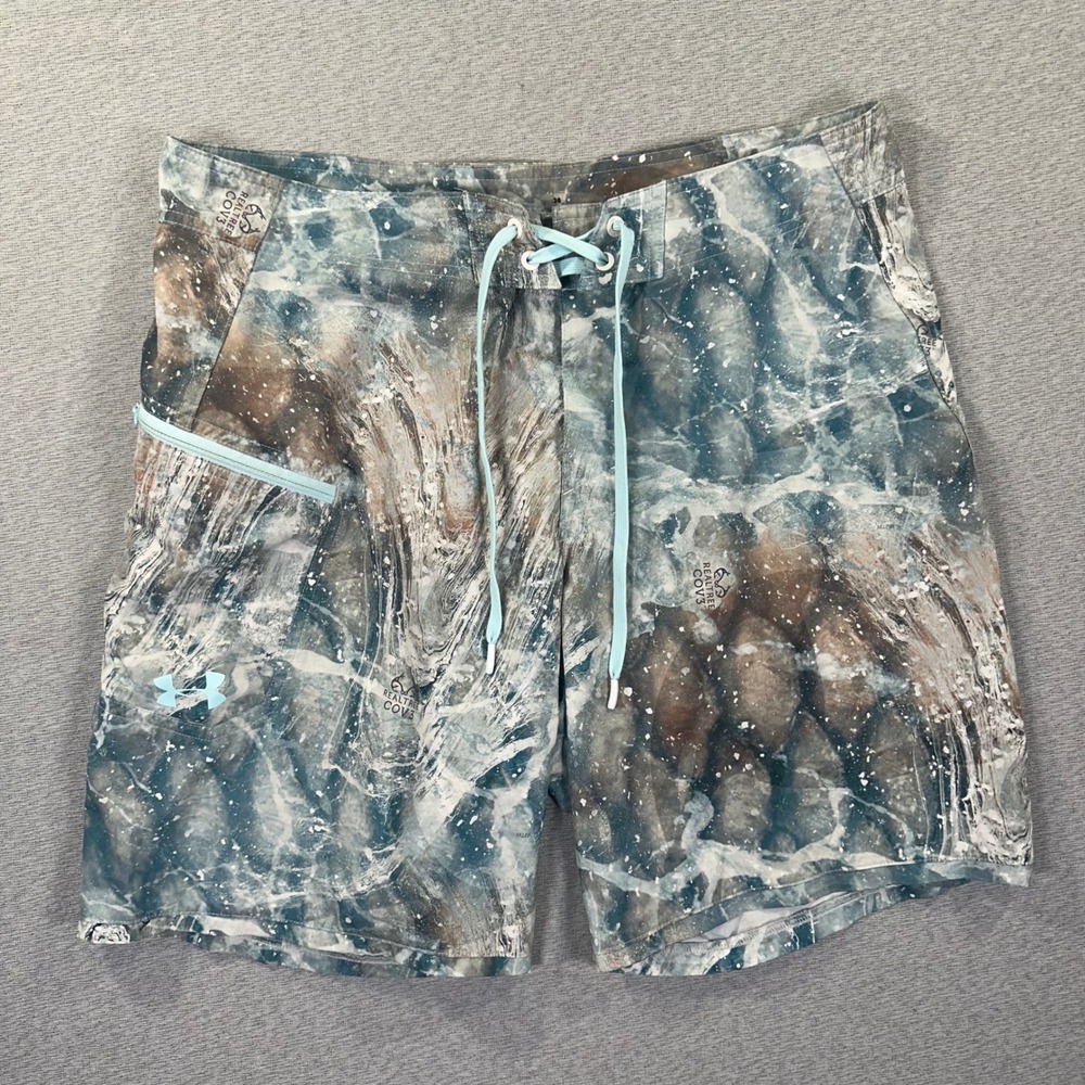 Under Armour Realtree COV3 Board Shorts Men 36 Blue Camo Swim Trunks Tide Chaser